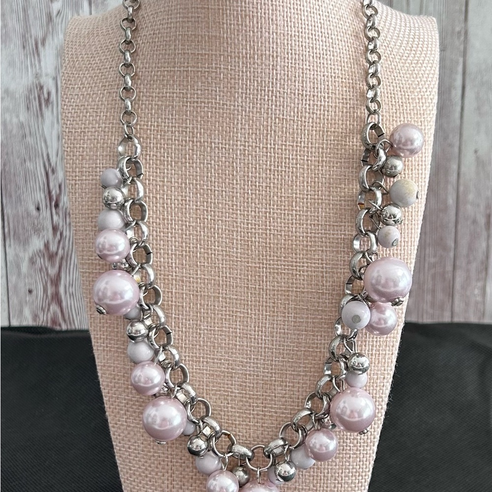 Beaded Statement Necklace Cottage-core Pink and Silver